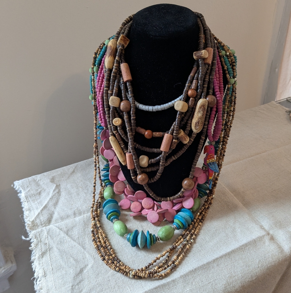 Set Of Five Vintage Wooden Colorful Beaded Necklaces